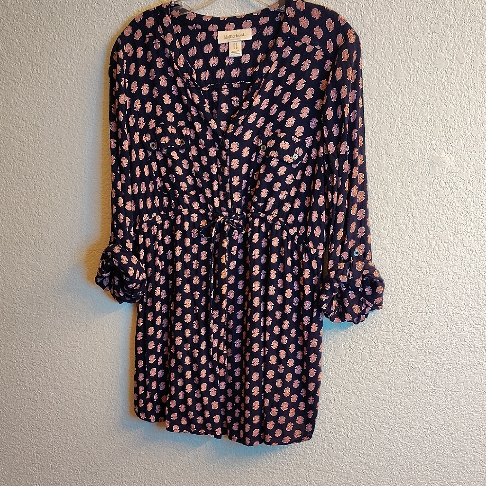 Motherhood Maternity Size L Navy Pink Long Rolled Sleeves Blouse B4 X P